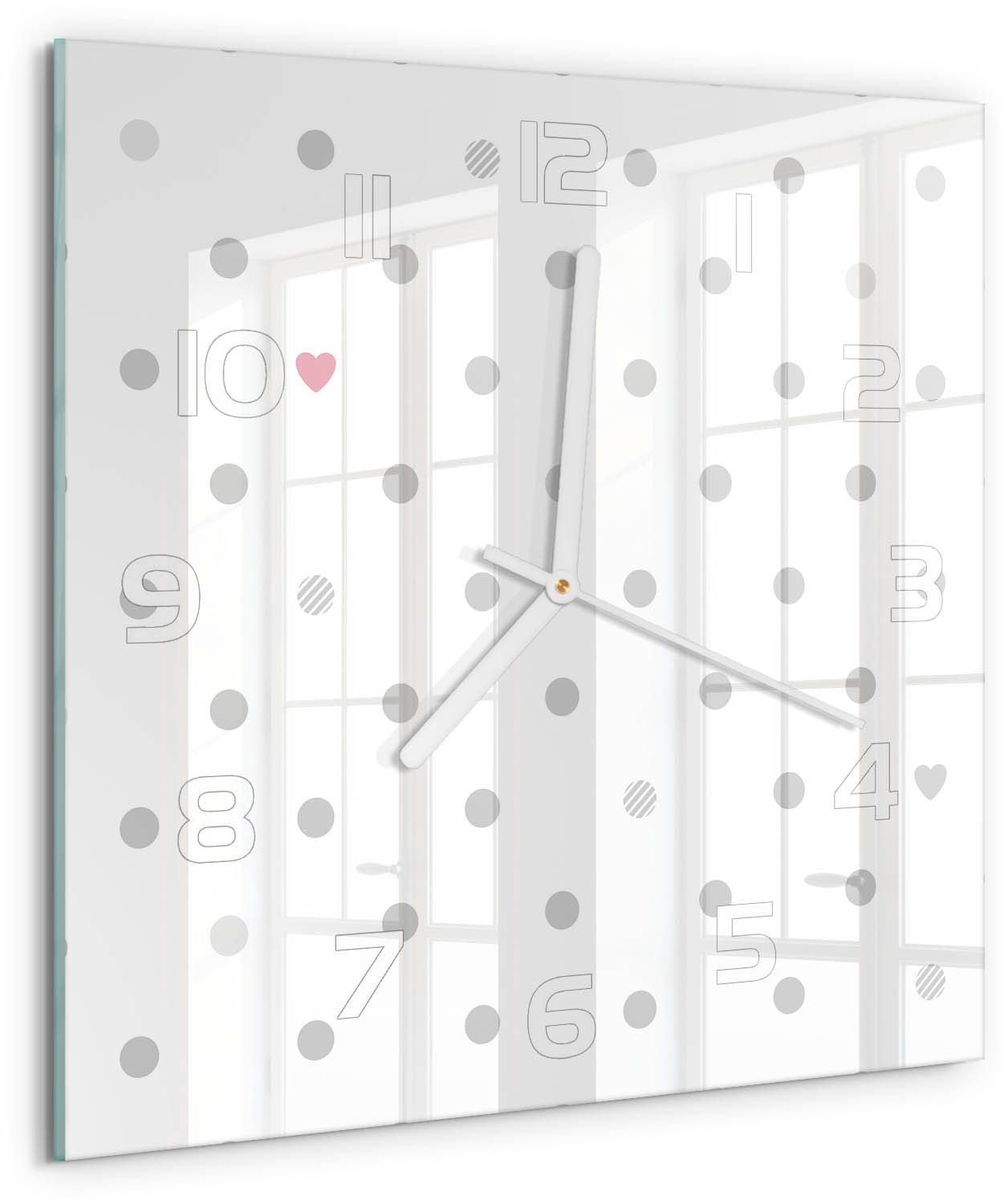 TULUP Wandklok - Stippen en harten Wandklok Glas Met Motief - 30x30 cm - Grijs Decoratieve Glazen Klok - Witte handen - Vierkante Klok - Gekleurde Glazen Klok - Glazen Klok Met Print