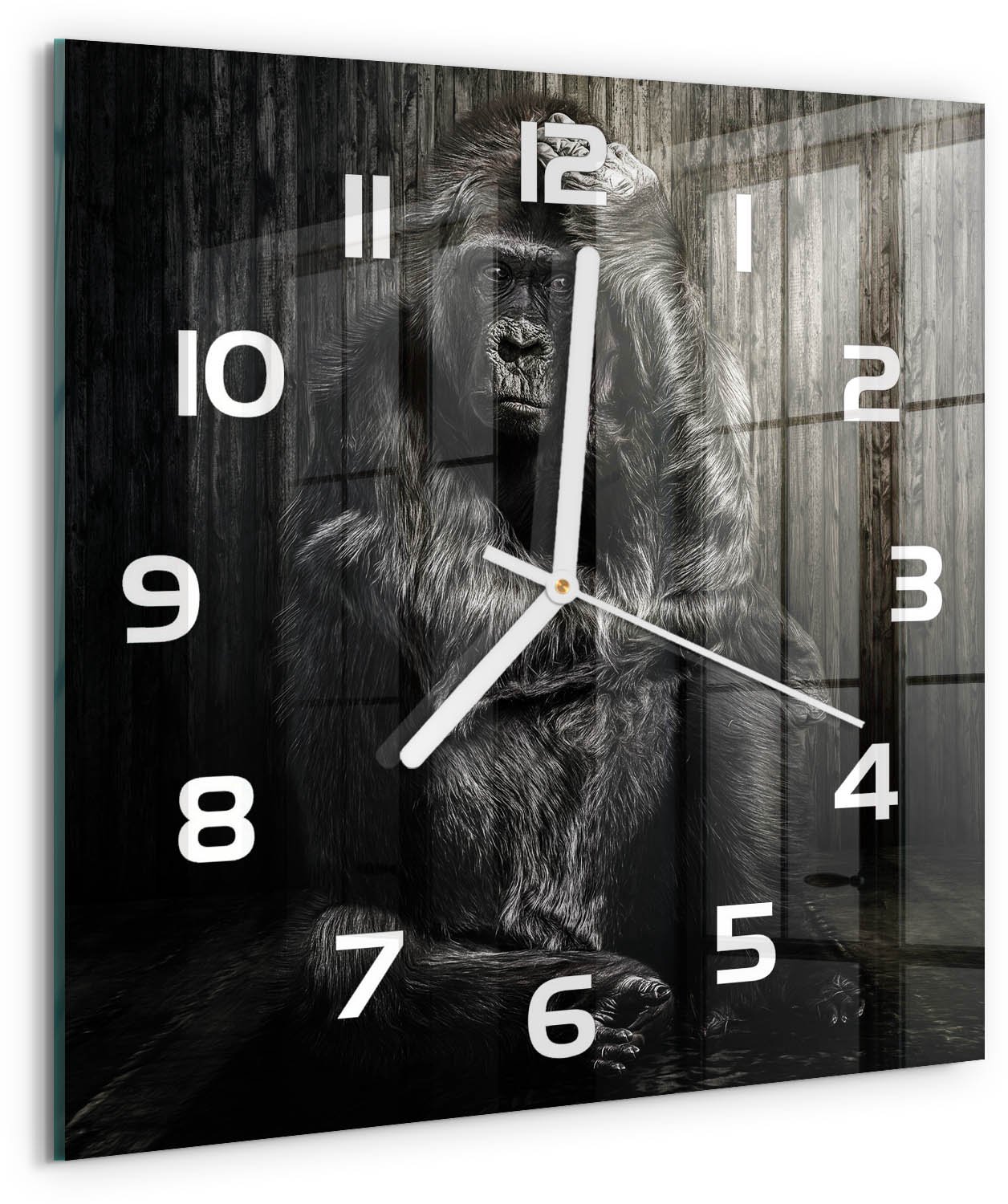 Tulup Wandklok - Gorilla Wandklok Glas Met Motief - 30x30 cm - Zwart Decoratieve Glazen Klok - Witte handen - Vierkante Klok - Gekleurde Glazen Klok - Glazen Klok Met Print