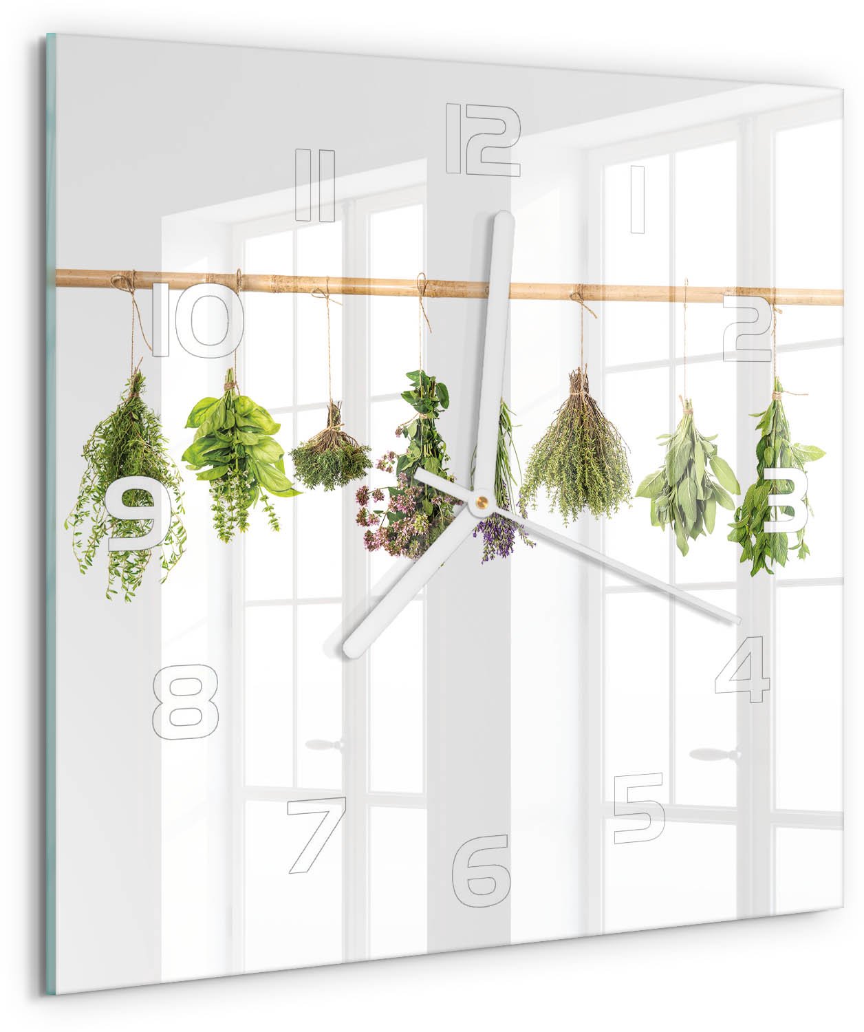 Tulup Wandklok - Kruiden aan een touwtje Decoratieve Glazen Klok - 30x30 cm - Groente Glazen Wandklok Design - Witte handen - Vierkante Klok - Glazen Klok Met Print - Wandklok Glas Met Motief