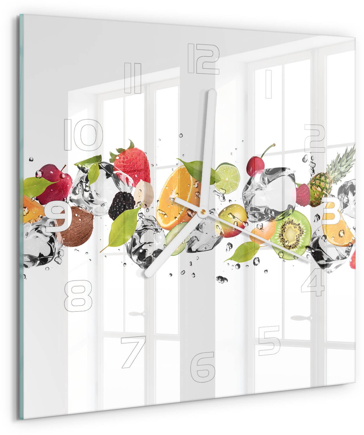Tulup Wandklok - Fruit en water Wandklok Glas Decoratie - 30x30 cm - Veelkleurig Gekleurde Glazen Klok - Witte handen - Vierkante Klok - Klok Glas Met Opdruk - Moderne Wandklok Glas