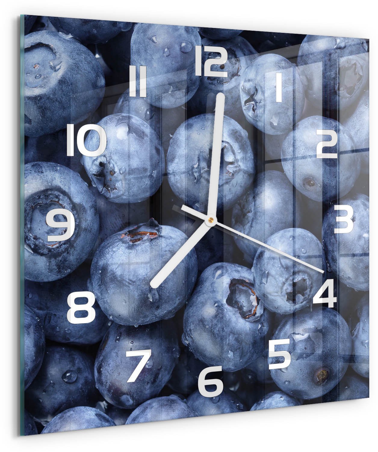 Tulup Wandklok - Bosbessen Gekleurde Glazen Klok - 30x30 cm - Blauw Glazen Klok Met Print - Witte handen - Vierkante Klok - Moderne Wandklok Glas - Wandklok Glas Decoratie