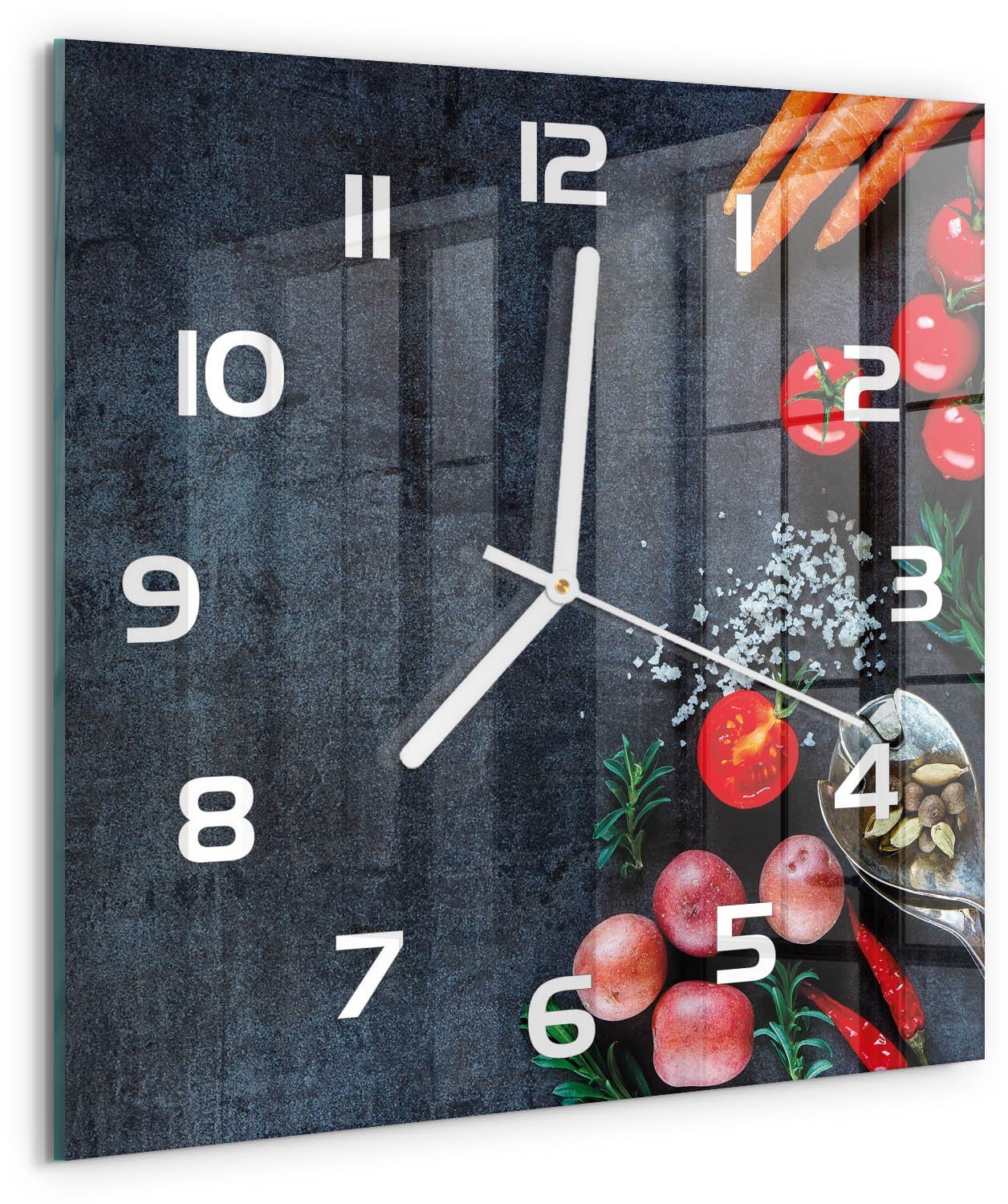 Tulup Wandklok - Ingrediënten Klok Glas Met Opdruk - 30x30 cm - Veelkleurig Moderne Wandklok Glas - Witte handen - Vierkante Klok - Decoratieve Glazen Klok - Glazen Wandklok Design