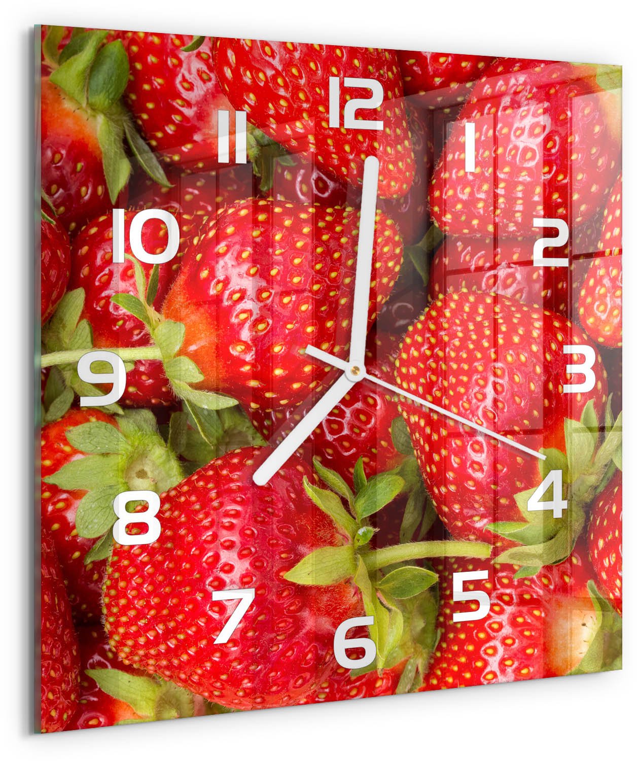 Tulup Wandklok - Aardbeien Decoratieve Glazen Klok - 30x30 cm - Rood Glazen Wandklok Design - Witte handen - Vierkante Klok - Glazen Klok Met Print - Wandklok Glas Met Motief