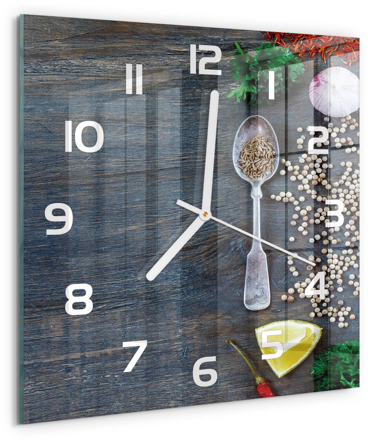 Tulup Wandklok - Specerijen en kruiden Glazen Klok Met Print - 30x30 cm - Veelkleurig Wandklok Glas Met Motief - Witte handen - Vierkante Klok - Wandklok Glas Decoratie - Gekleurde Glazen Klok