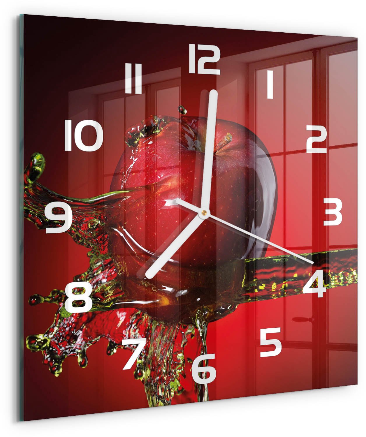 Tulup Wandklok - Appel en water Moderne Wandklok Glas - 30x30 cm - Rood Wandklok Glas Decoratie - Witte handen - Vierkante Klok - Glazen Wandklok Design - Klok Glas Met Opdruk