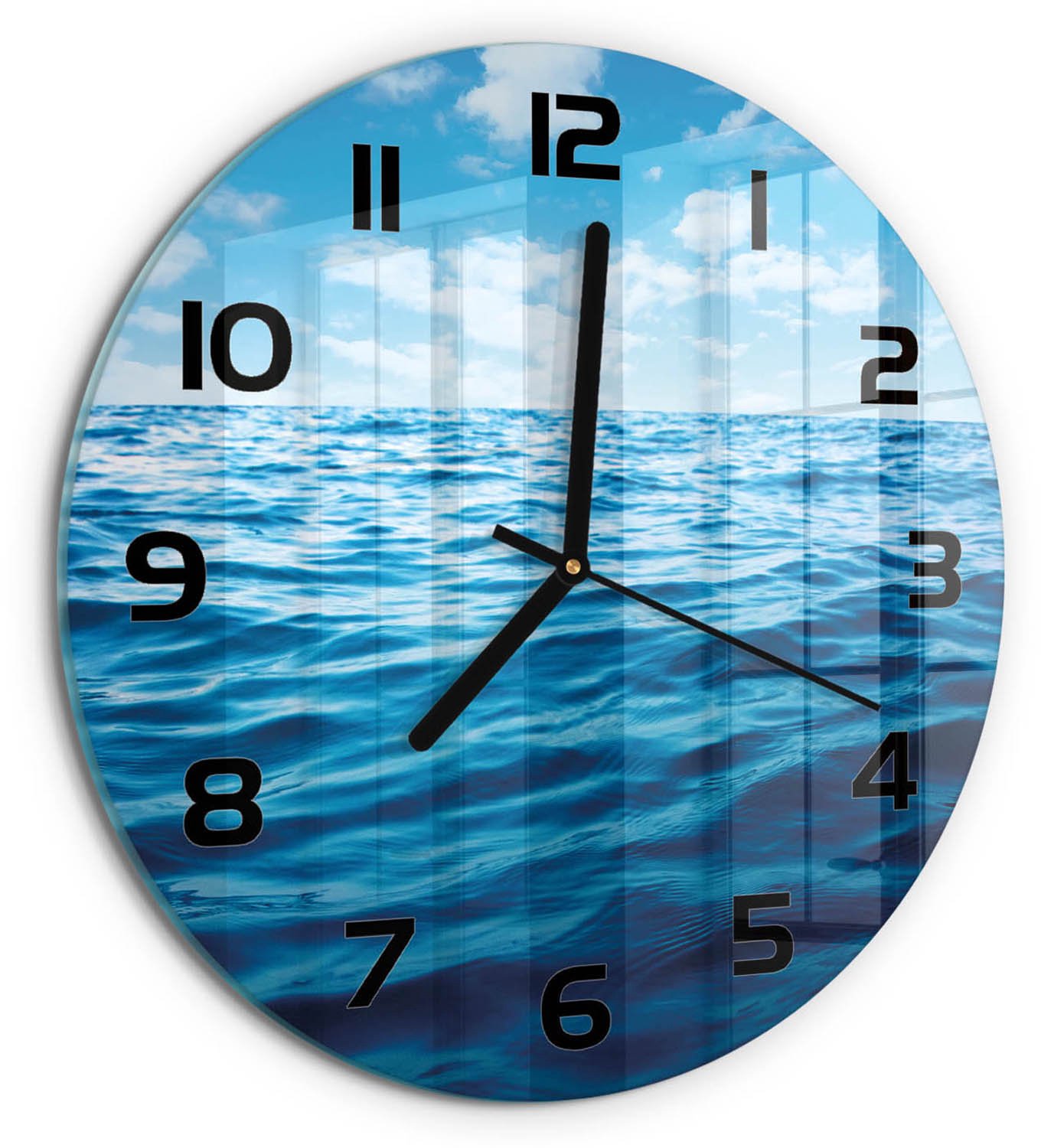 TULUP Wandklok - Zeewater Moderne Wandklok Glas - fi30 cm - Blauw Wandklok Glas Decoratie - Zwarte handen - Ronde Klok - Glazen Wandklok Design - Klok Glas Met Opdruk