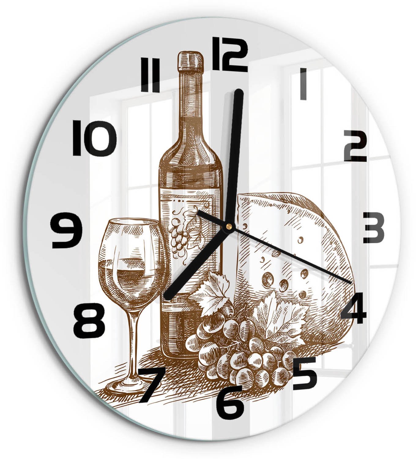 TULUP Wandklok - Wijn en hapjes Wandklok Glas Decoratie - fi30 cm - Zwart-wit Gekleurde Glazen Klok - Zwarte handen - Ronde Klok - Klok Glas Met Opdruk - Moderne Wandklok Glas