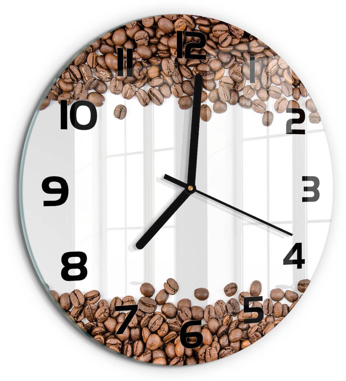 TULUP Wandklok - Koffiebonen Wandklok Glas Decoratie - fi30 cm - Bruin Gekleurde Glazen Klok - Zwarte handen - Ronde Klok - Klok Glas Met Opdruk - Moderne Wandklok Glas