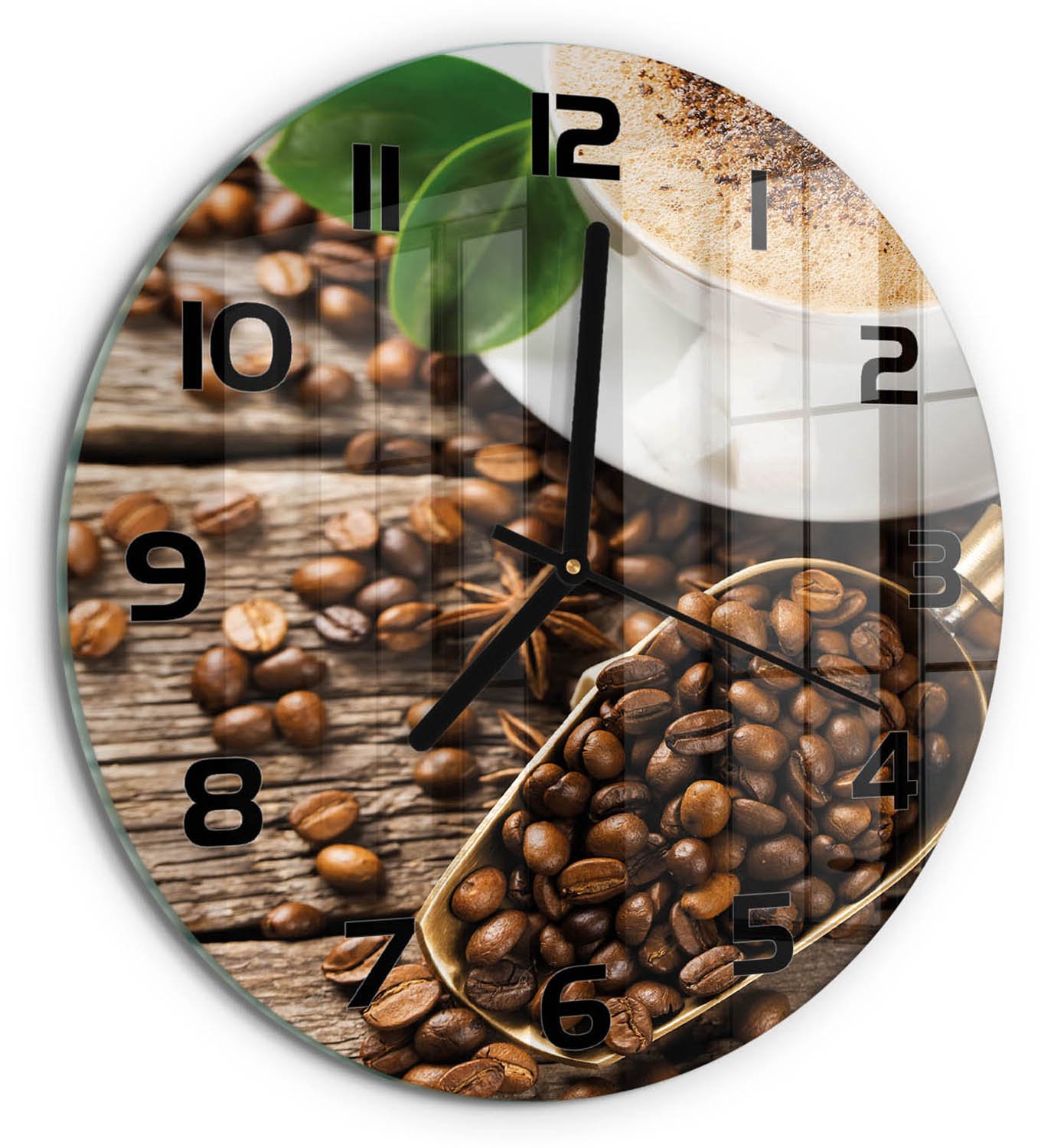 TULUP Wandklok - Koffie Wandklok Glas Met Motief - fi30 cm - Bruin Decoratieve Glazen Klok - Zwarte handen - Ronde Klok - Gekleurde Glazen Klok - Glazen Klok Met Print