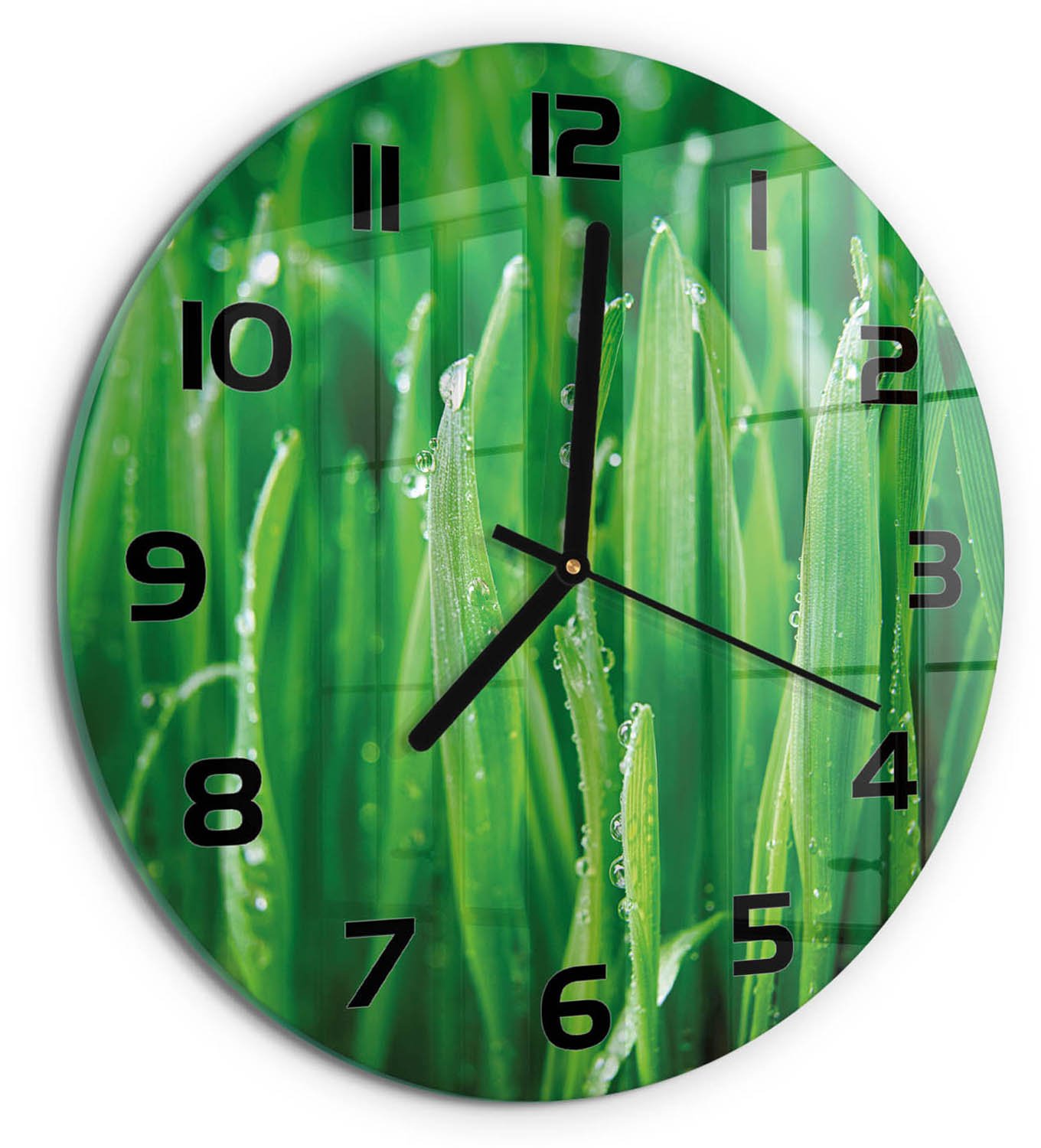 TULUP Wandklok - Gras Gekleurde Glazen Klok - fi30 cm - Groente Glazen Klok Met Print - Zwarte handen - Ronde Klok - Moderne Wandklok Glas - Wandklok Glas Decoratie