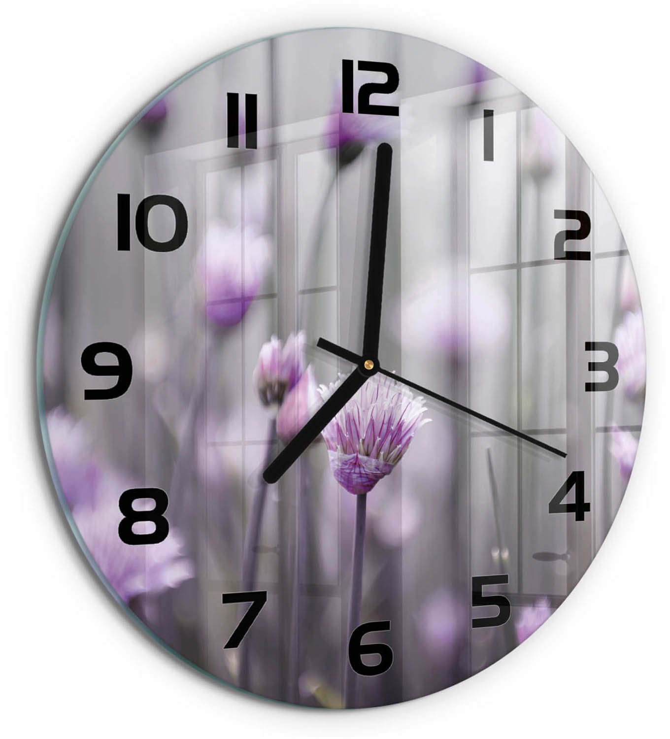 TULUP Wandklok - Bieslookbloemen Moderne Wandklok Glas - fi30 cm - Paars Wandklok Glas Decoratie - Zwarte handen - Ronde Klok - Glazen Wandklok Design - Klok Glas Met Opdruk
