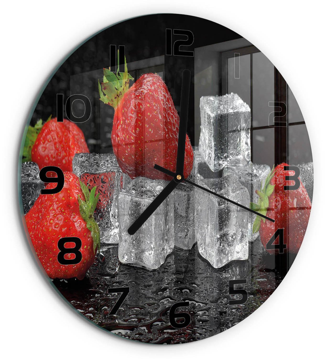 TULUP Wandklok - Aardbeien met ijs Klok Glas Met Opdruk - fi30 cm - Rood Moderne Wandklok Glas - Zwarte handen - Ronde Klok - Decoratieve Glazen Klok - Glazen Wandklok Design