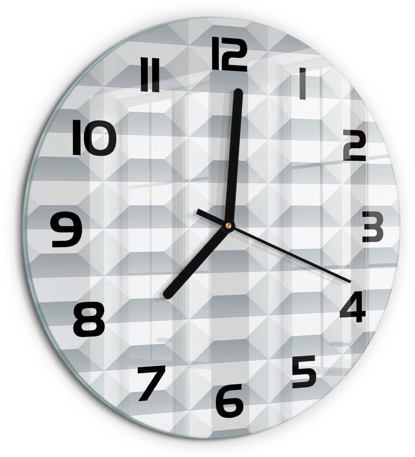 TULUP Wandklok - Geometrische achtergrond Wandklok Glas Met Motief - fi30 cm - Wit Decoratieve Glazen Klok - Zwarte handen - Ronde Klok - Gekleurde Glazen Klok - Glazen Klok Met Print