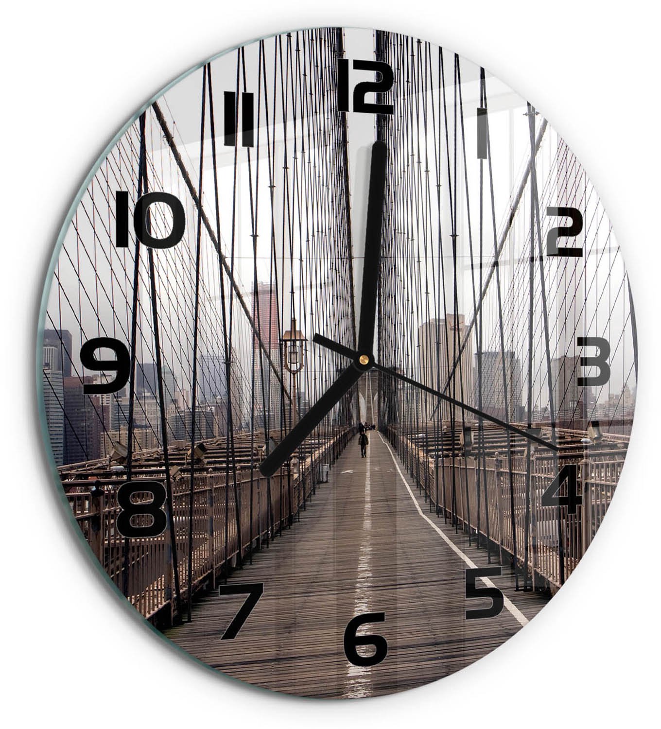 TULUP Wandklok - Brooklynbrug Gekleurde Glazen Klok - fi30 cm - Bruin Glazen Klok Met Print - Zwarte handen - Ronde Klok - Moderne Wandklok Glas - Wandklok Glas Decoratie