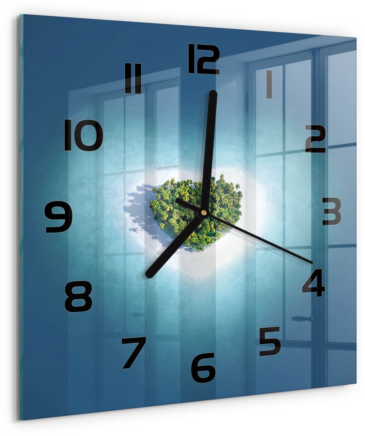 Tulup Wandklok - Hartvormig eiland Moderne Wandklok Glas - 30x30 cm - Blauw Wandklok Glas Decoratie - Zwarte handen - Vierkante Klok - Glazen Wandklok Design - Klok Glas Met Opdruk