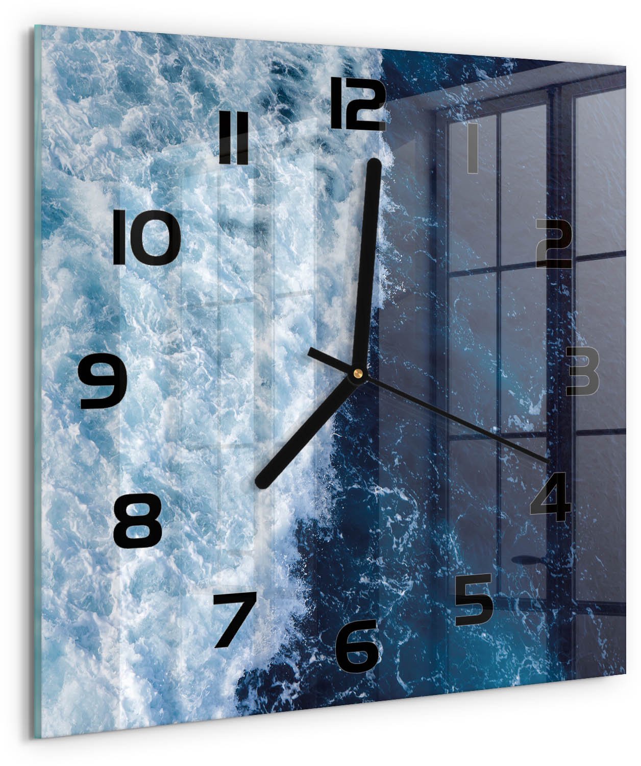 TULUP Wandklok - Oceaangolven Glazen Klok Met Print - 30x30 cm - Blauw Wandklok Glas Met Motief - Zwarte handen - Vierkante Klok - Wandklok Glas Decoratie - Gekleurde Glazen Klok