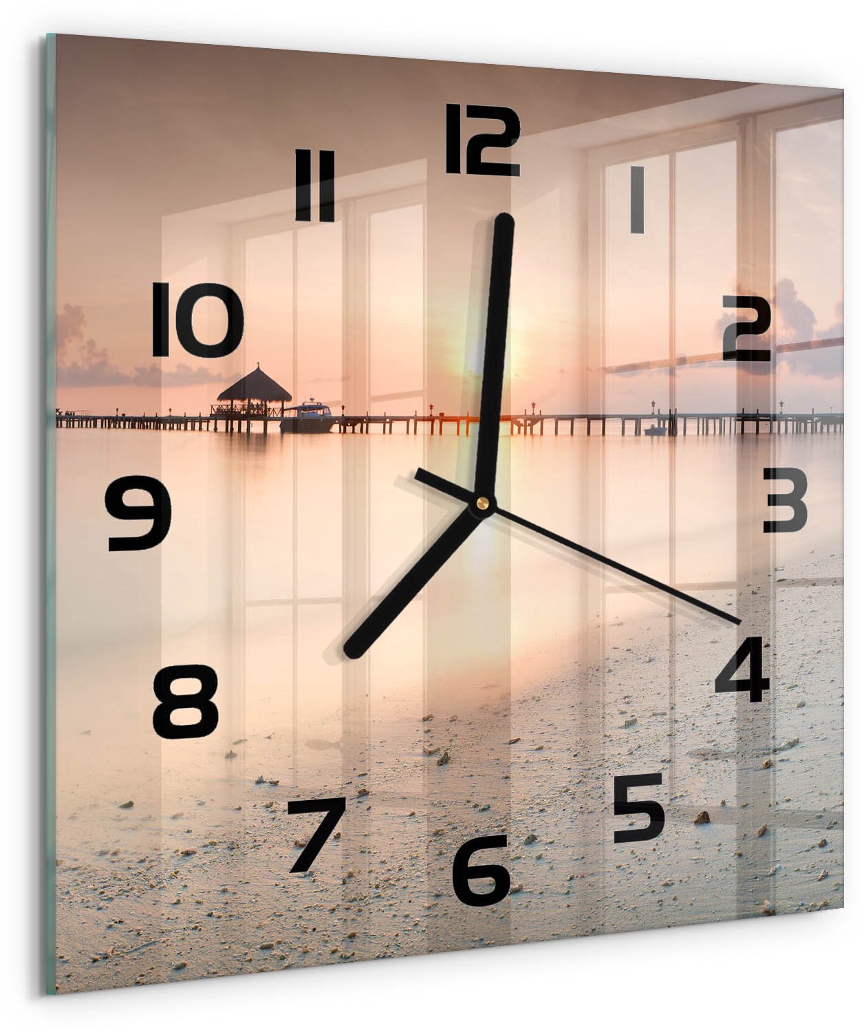TULUP Wandklok - Strand van de Malediven Glazen Wandklok Design - 30x30 cm - Veelkleurig Klok Glas Met Opdruk - Zwarte handen - Vierkante Klok - Wandklok Glas Met Motief - Decoratieve Glazen Klok