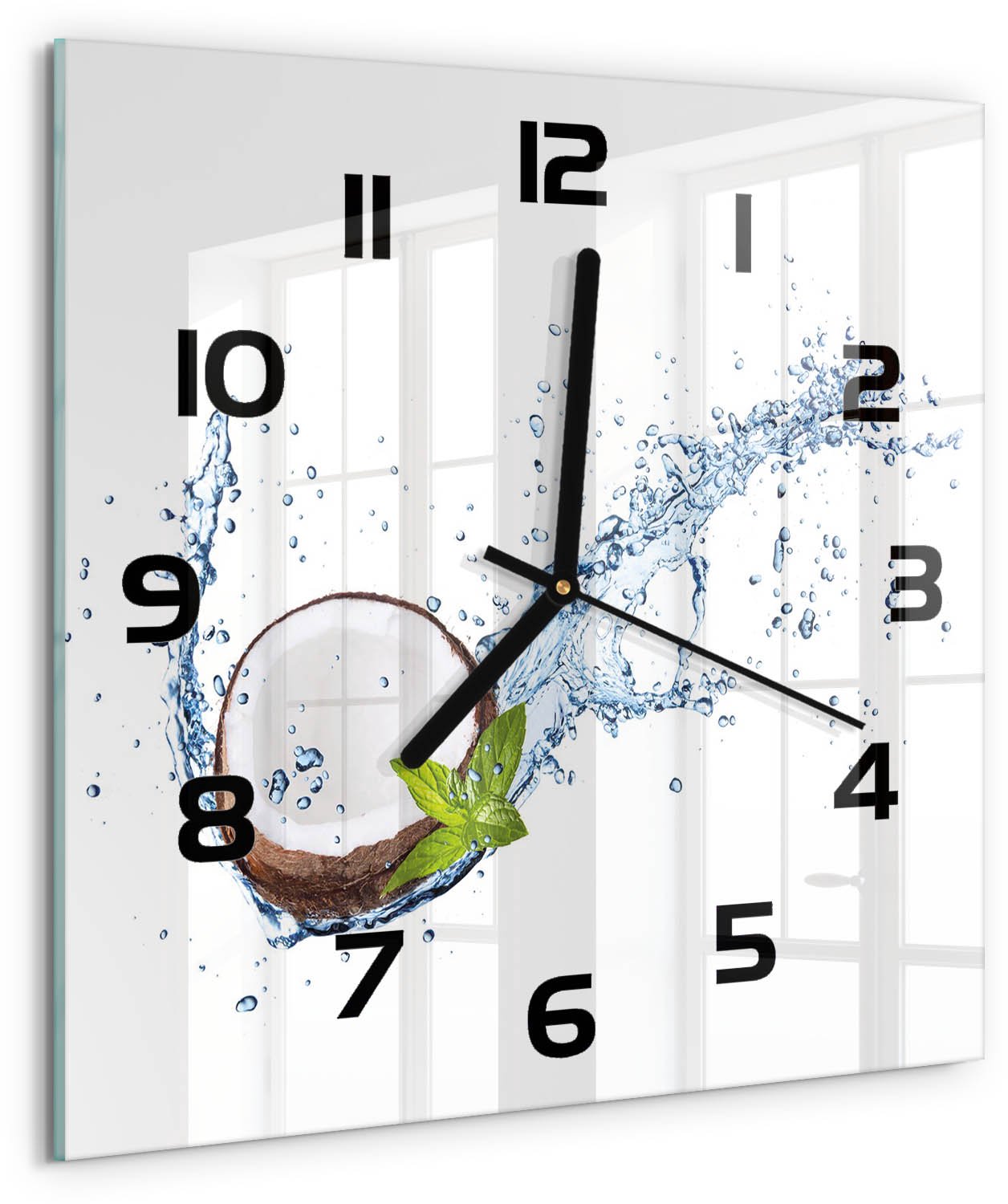 TULUP Wandklok - Kokosnoot en water Wandklok Glas Decoratie - 30x30 cm - Bruin Gekleurde Glazen Klok - Zwarte handen - Vierkante Klok - Klok Glas Met Opdruk - Moderne Wandklok Glas