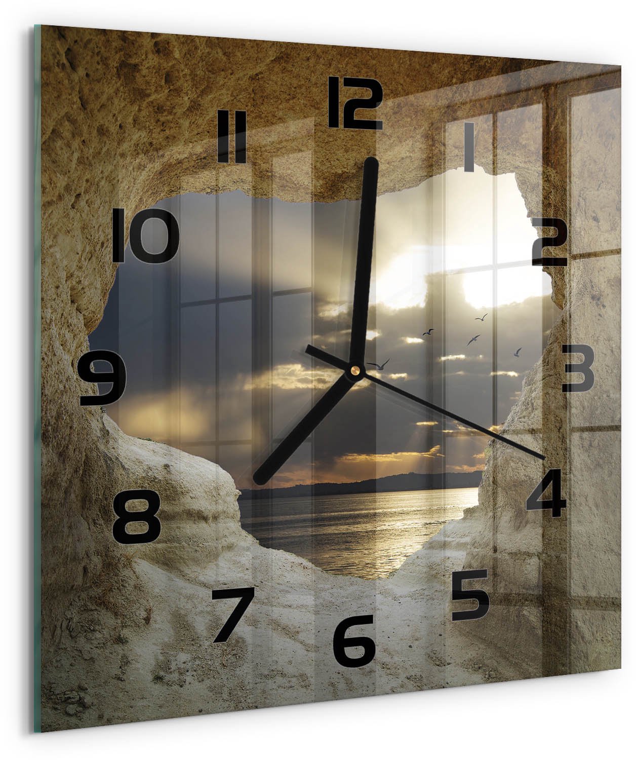 TULUP Wandklok - Zeegrot Wandklok Glas Decoratie - 30x30 cm - Beige Gekleurde Glazen Klok - Zwarte handen - Vierkante Klok - Klok Glas Met Opdruk - Moderne Wandklok Glas