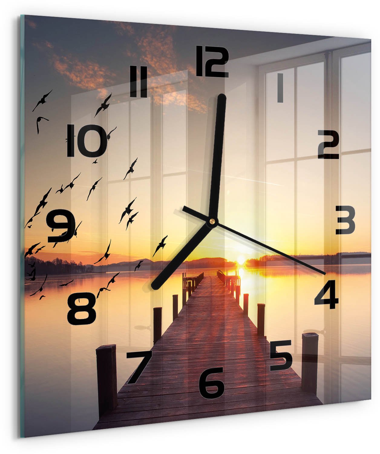 TULUP Wandklok - Zonsondergang Glazen Klok Met Print - 30x30 cm - Geel Wandklok Glas Met Motief - Zwarte handen - Vierkante Klok - Wandklok Glas Decoratie - Gekleurde Glazen Klok