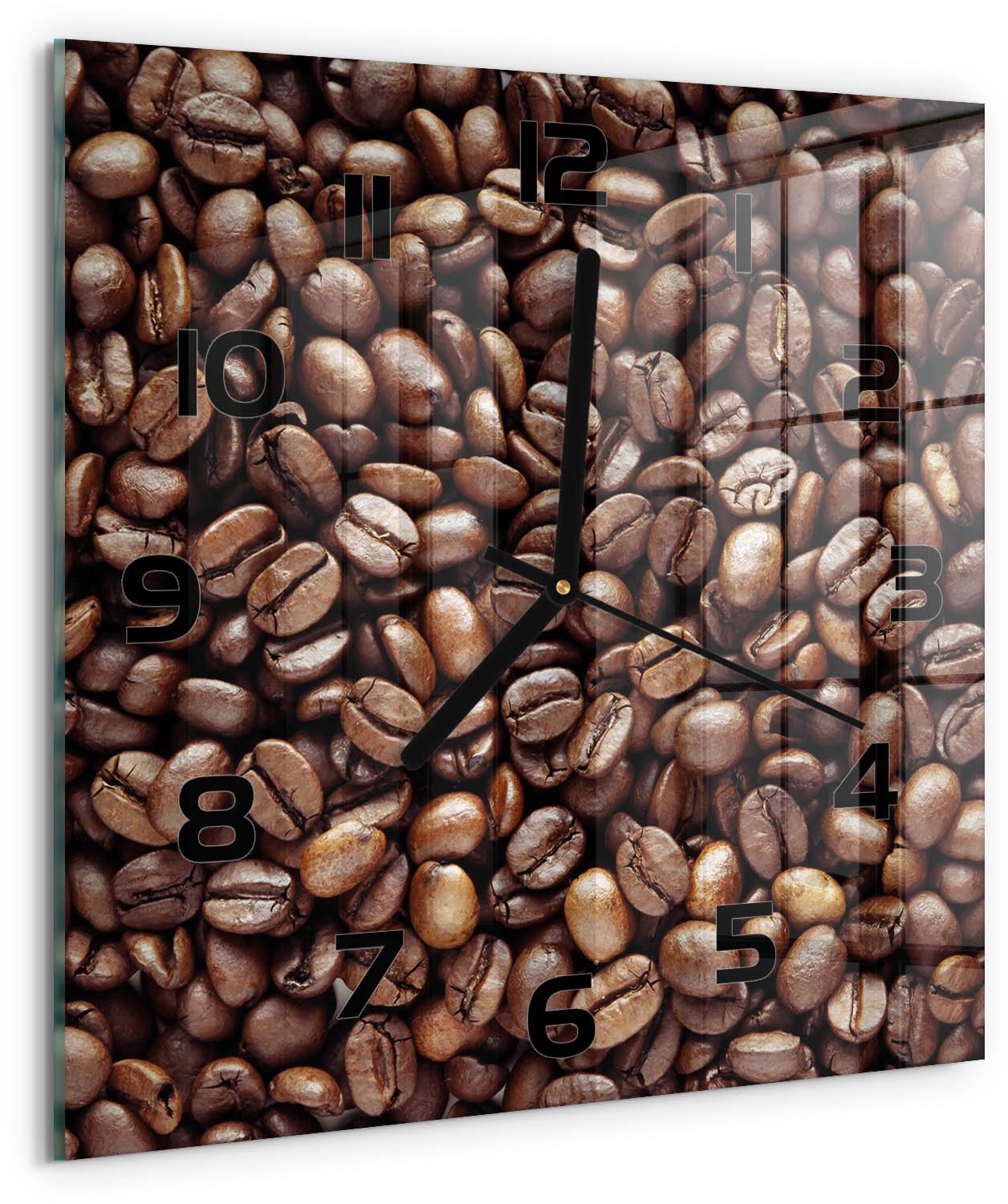Tulup Wandklok - Koffiebonen Wandklok Glas Decoratie - 30x30 cm - Bruin Gekleurde Glazen Klok - Zwarte handen - Vierkante Klok - Klok Glas Met Opdruk - Moderne Wandklok Glas