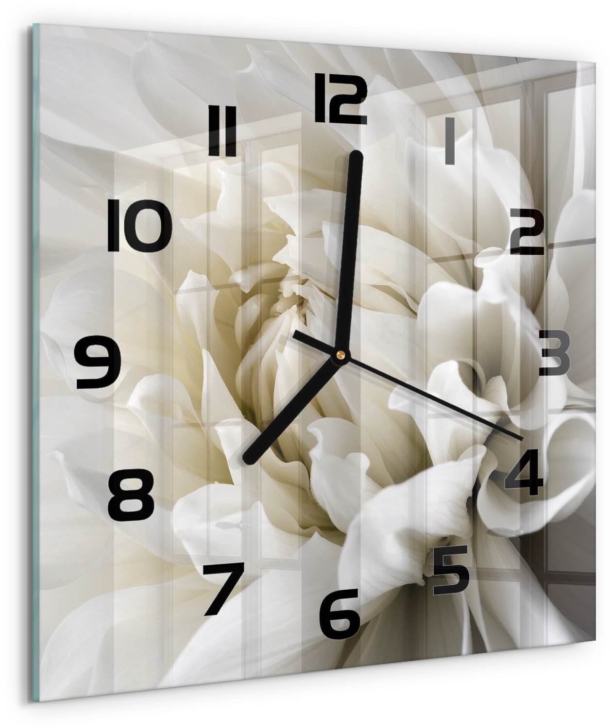 TULUP Wandklok - Witte dahlia Glazen Wandklok Design - 30x30 cm - Wit Klok Glas Met Opdruk - Zwarte handen - Vierkante Klok - Wandklok Glas Met Motief - Decoratieve Glazen Klok