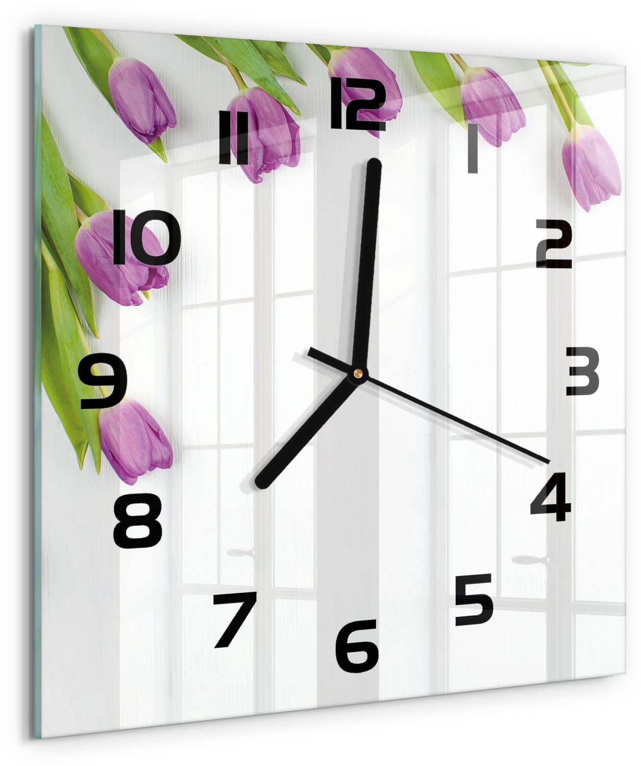 TULUP Wandklok - Paarse tulpen Wandklok Glas Met Motief - 30x30 cm - Paars Decoratieve Glazen Klok - Zwarte handen - Vierkante Klok - Gekleurde Glazen Klok - Glazen Klok Met Print