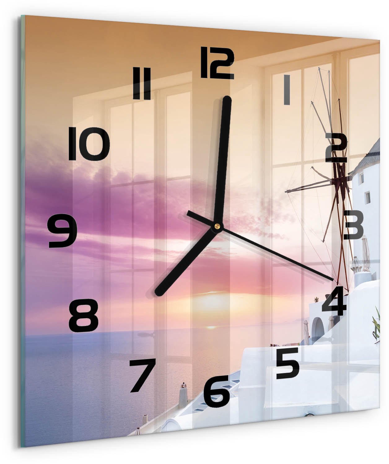 Tulup Wandklok - Santorini, Griekenland Decoratieve Glazen Klok - 30x30 cm - Wit Glazen Wandklok Design - Zwarte handen - Vierkante Klok - Glazen Klok Met Print - Wandklok Glas Met Motief