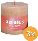 Bolsius rustieke kaars in roze met oranje wikkel waarop 'bolsius since 1870' staat. 3 stuks.