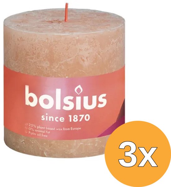 Bolsius rustieke kaars in roze met oranje wikkel waarop 'bolsius since 1870' staat. 3 stuks.