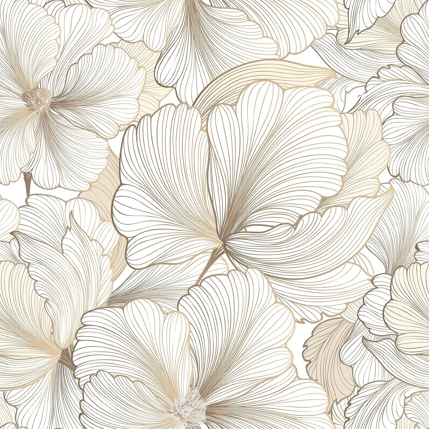 FunStick Self Adhesive Wallpaper Gold White Pattern Hibiscus Flowers Wallpaper Bedroom Self Adhesive Film Furniture Boho Style White Gold and Beige Gi
