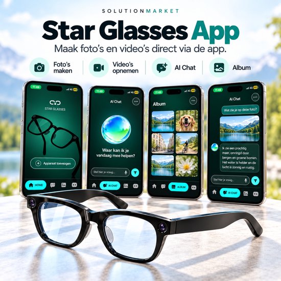 SolutionMarket Camera Bril / Smart Glasses – 8MP – Full HD – AI Vertaling – Bellen & Muziek – Clip-on Zonnebril – Bruine Oplaadcase — afbeelding 2
