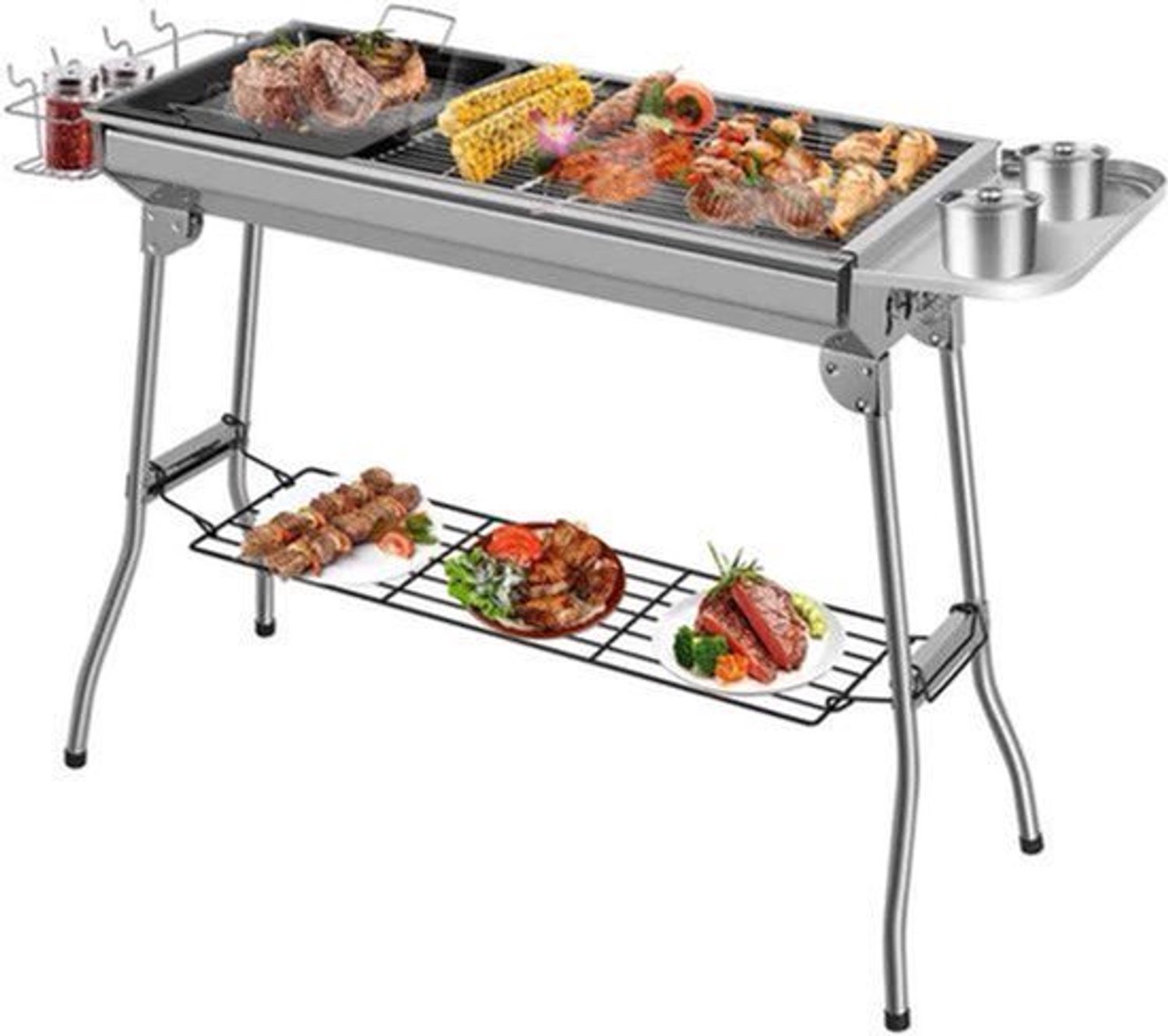 Houtskoolgrill - Barbecue - Houtskoolbarbecue - Buitenkeuken - Voor 5-10 Personen - Campinggrill - Inklapbaar - Opvouwbare - Draagbare - Voor Camping - Tuin - Picknick - Feest - RVS - 100 x 33.5 x 70 cm - Zilver