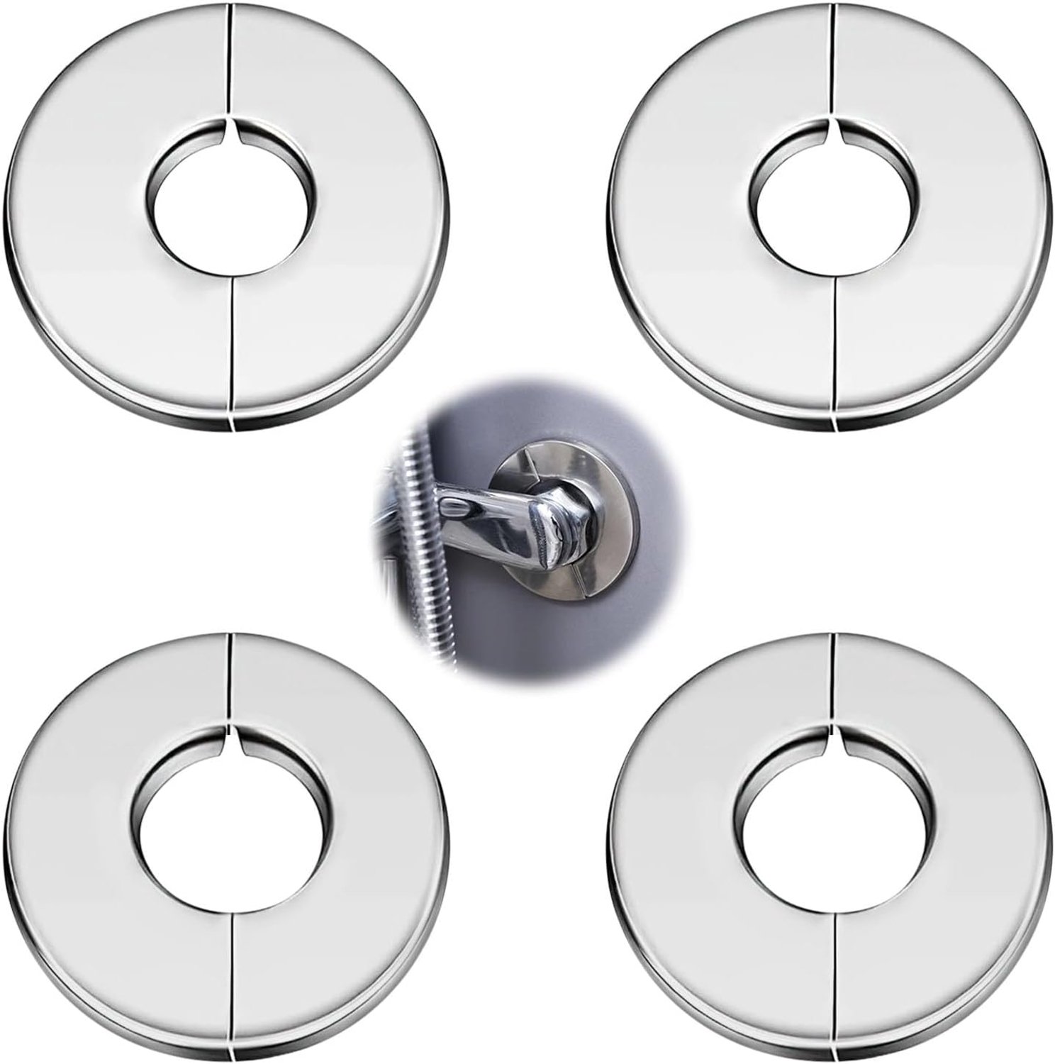 4pcs Shower Tube Cover Plate, Wall Split Flange Tube Covers, Silver, Stainless Steel, Round Rosette Plate for - ShopVlot