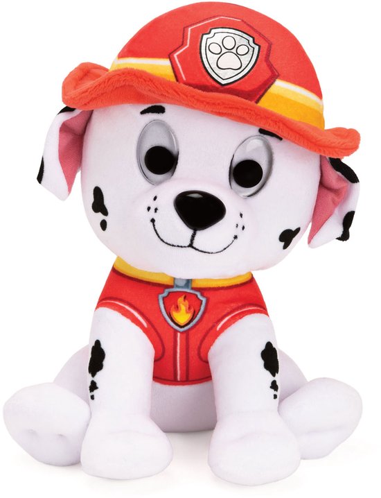 Zachte witte Marshall knuffel van PAW Patrol met rode brandweerhoed en uniform.