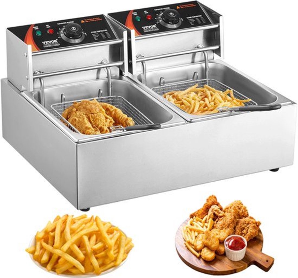 Elektrische Friteuse Dual Tanks - 500 W Vermogen - 12 Liter Inhoud - PTFE Anti-aanbak - Voor Kippenfrietjes En Chips