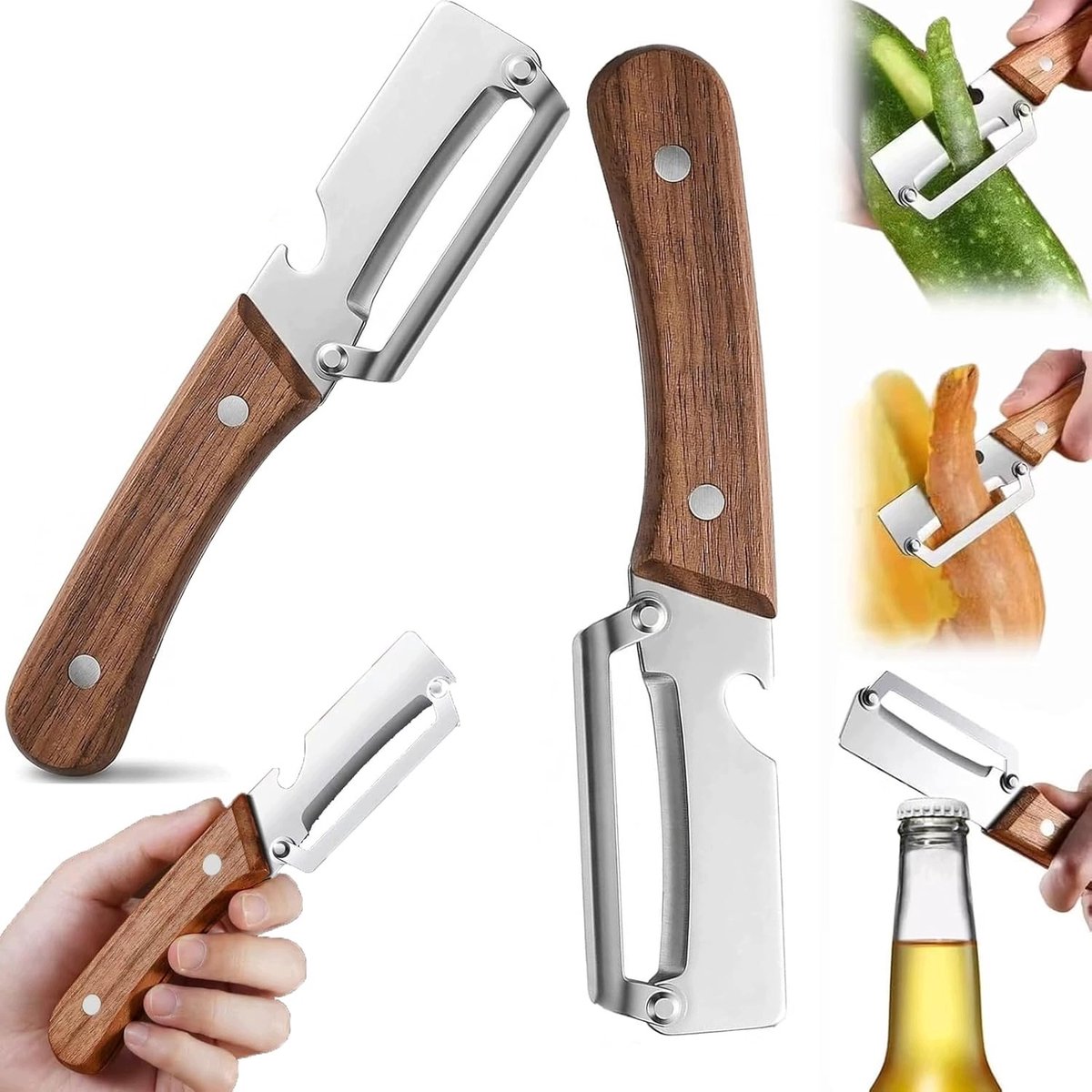 Set van 2 Multifunctionele Groente- en Flessenopeners met Houten Handvat