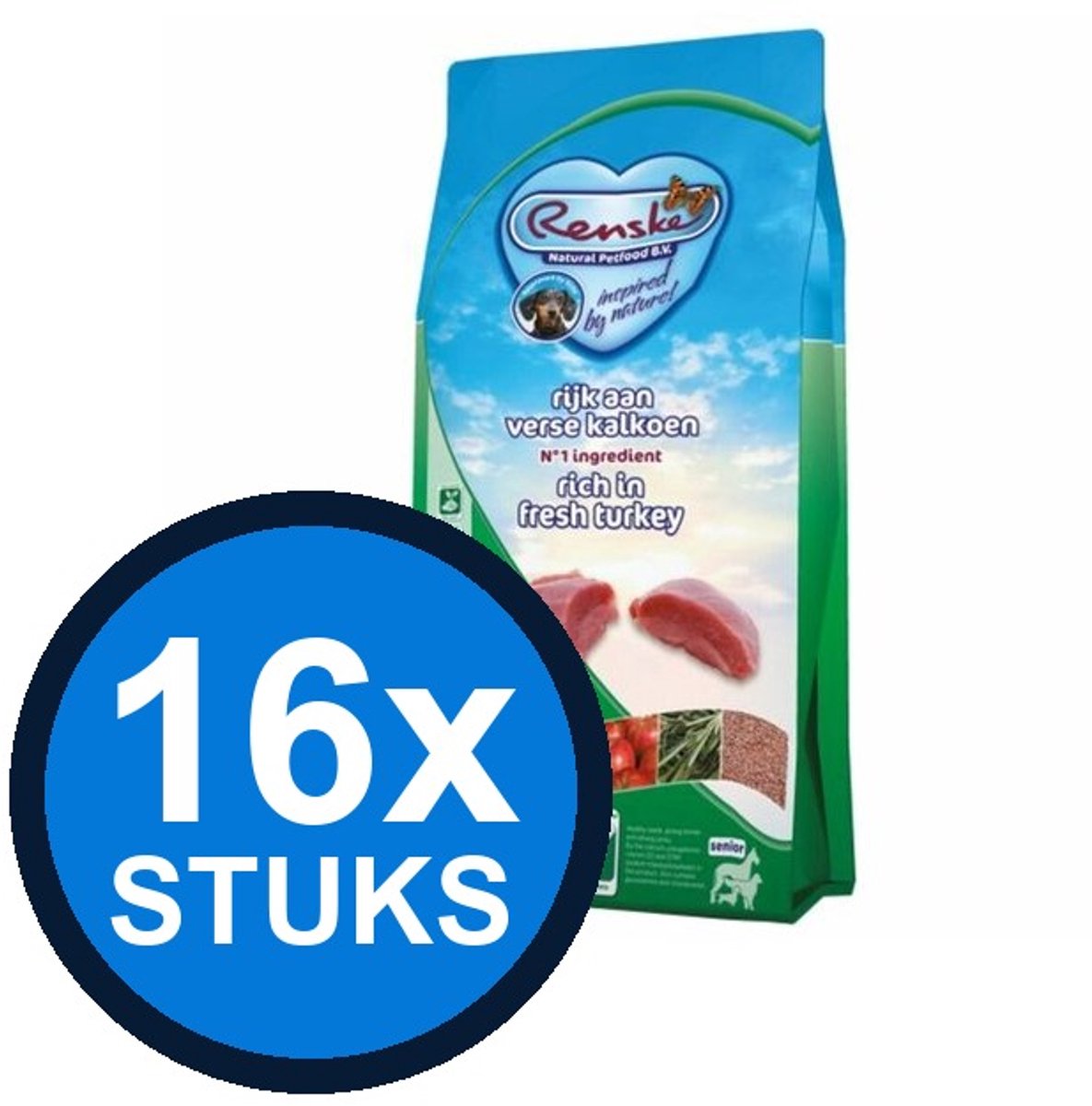 16x Renske Super Premium droog hond senior kalkoen graanvrij 600gr