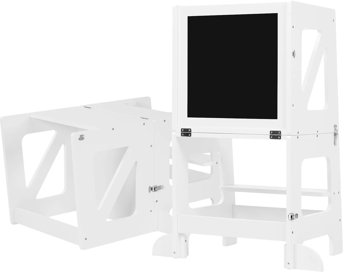 Klarven® Kinder Leertoren Wit - Keukentrap, Speeltafel en Tekenbord in 1 - Anti-valbeugel, Veilig voor 1-3 jaar - MDF - B 35 x D 45 x H 86 cm