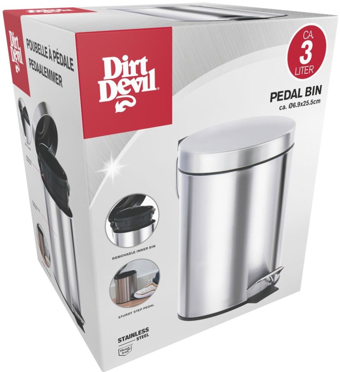 Dirt Devil Pedaalemmer 3 Liter RVS - Compacte Prullenbak met Pedaal en Uitneembare Binnenemmer - Satijnen Afwerking - Ø16,9 x 25,5 cm - Grijs - Badkamer en Toilet