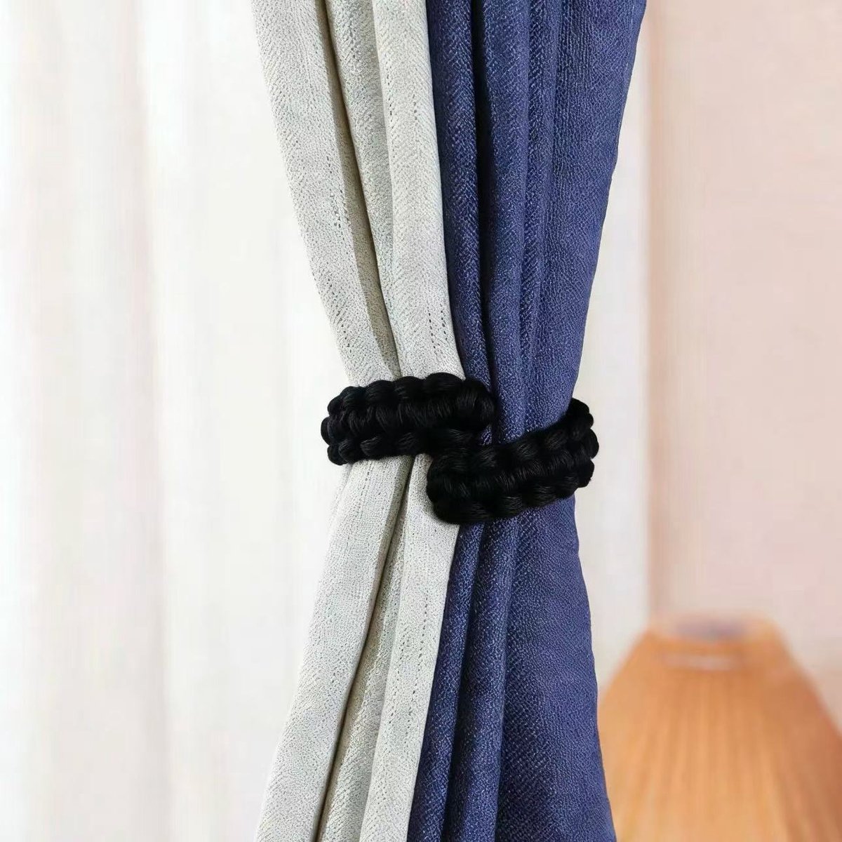 Gordijnbinders in Boheemse stijl, geweven gordijnhaken, 4-delige set-zwart-24cm