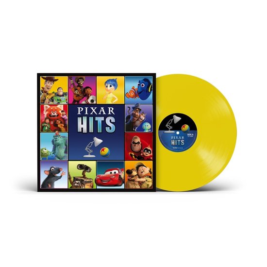 Disque vinyle Pixar Hits en vinyle jaune. La pochette montre un collage de personnages Pixar et le texte 'PIXAR HITS'.