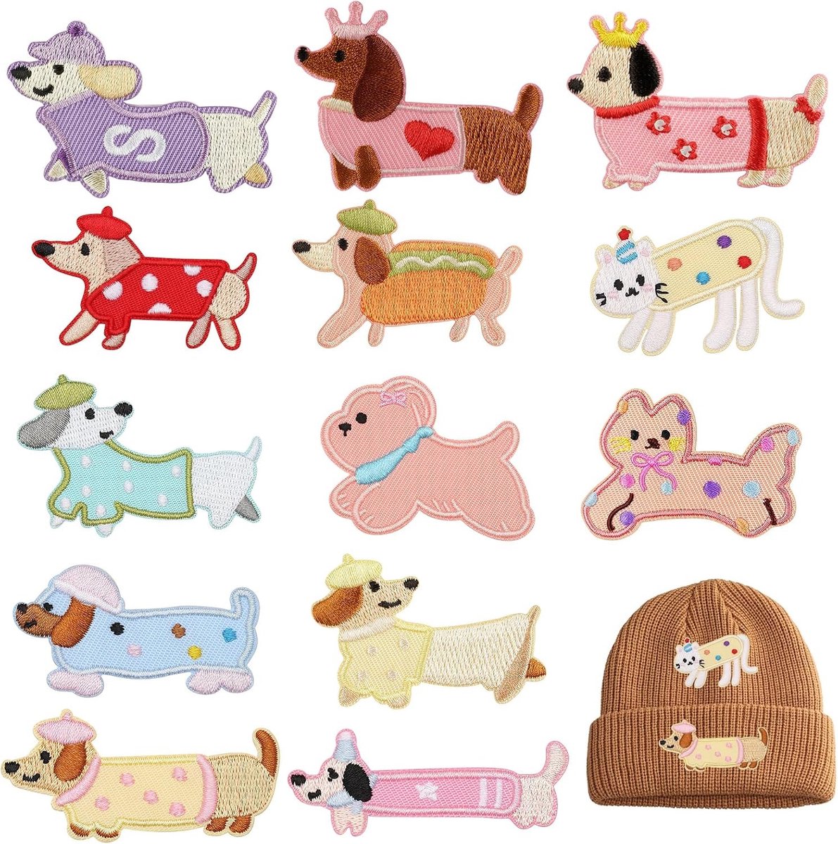 Schattige Teckel borduurpatches, 13 stuks, voor kleding, tassen en knutselprojecten, strijk- en naaiopties