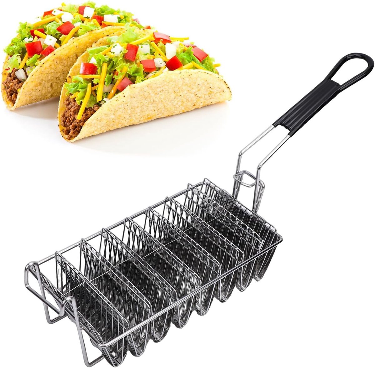 Taco Deep Fry Basket met V-vormige RVS Taco Schelp Molen en Grip Handvat voor Thuis en Restaurantgebruik