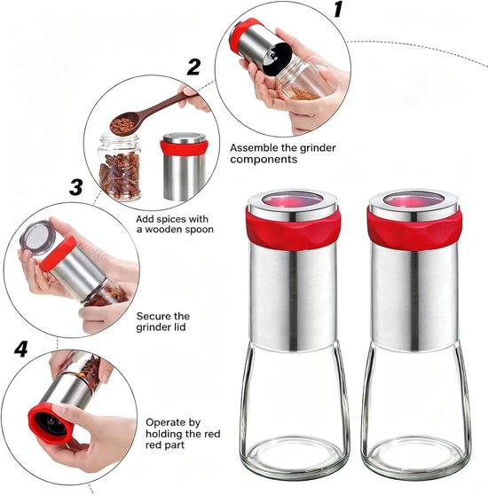 Chili Molen van RVS en Glas, 2-delige Kruidenmolen Set voor Grof Gemalen Specerijen, Peper en Gedroogde Chili, 140 ml Capaciteit — afbeelding 2