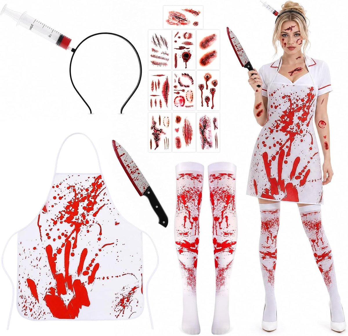 Engelachtige verpleegster kostuum voor Halloween met bloedige schort, nepkruik en zombie tattoos - Compleet griezelige set voor een angstaanjagende look