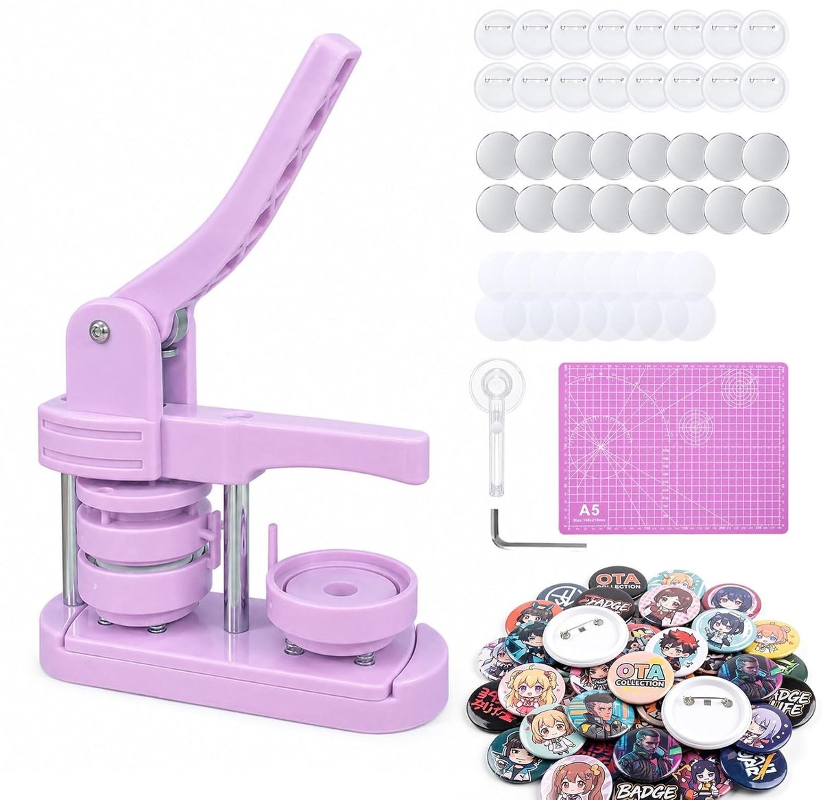 Buttonmachine 58 mm - Zwart - 28,8 x 15,8 x 51,5 cm - Handmatige Knoopmachineset met 100 Accessoires - Voor Creatief Knutselen en Feestjes
