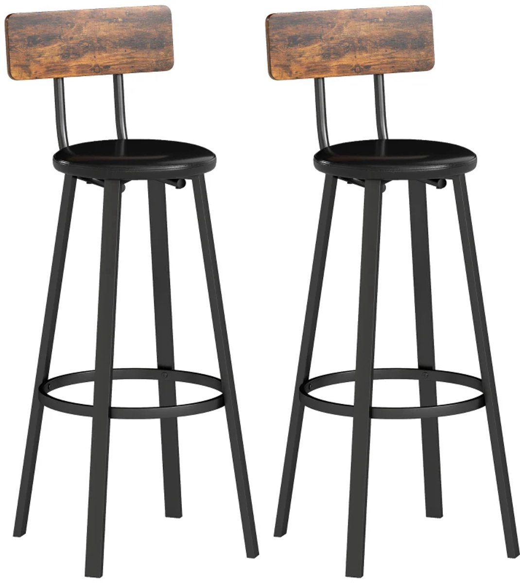 ZYLARO Barkruk - Set Van 2 - Barstoelen Met Voetsteun En Rugleuning - 75,5 cm Zithoogte - Voor Keuken En Toonbank - Rustiek Bruin Rustiek Bruin, Zwart