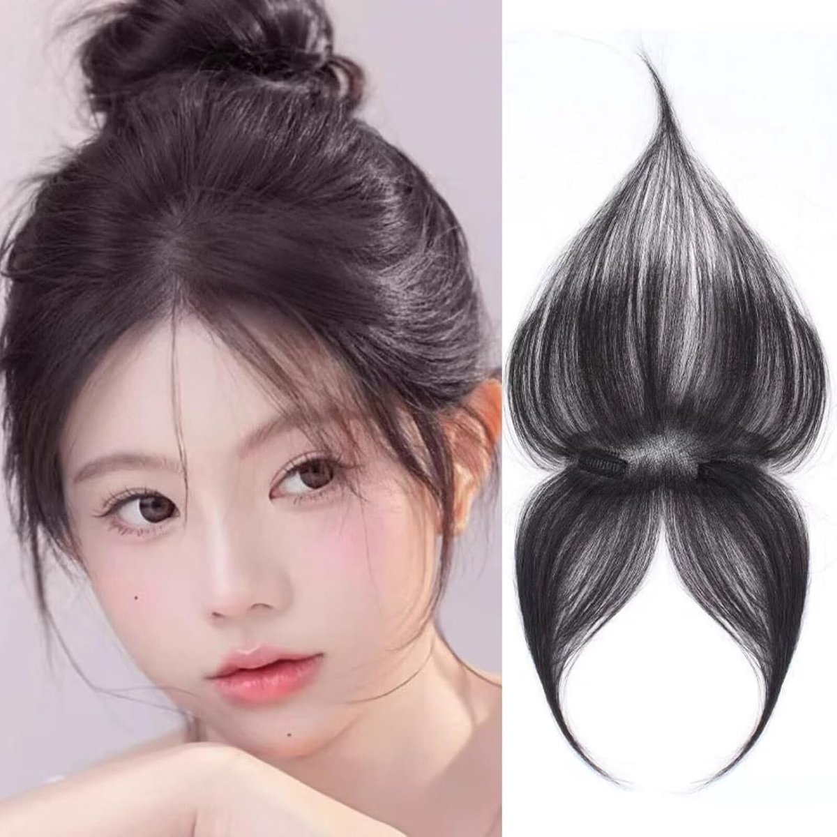 Zwarte Haar Topper voor Vrouwen met Franje, 360° 3D Bedekking, Echte Mensenharen, Haarverlengingen met Clips en Bangs