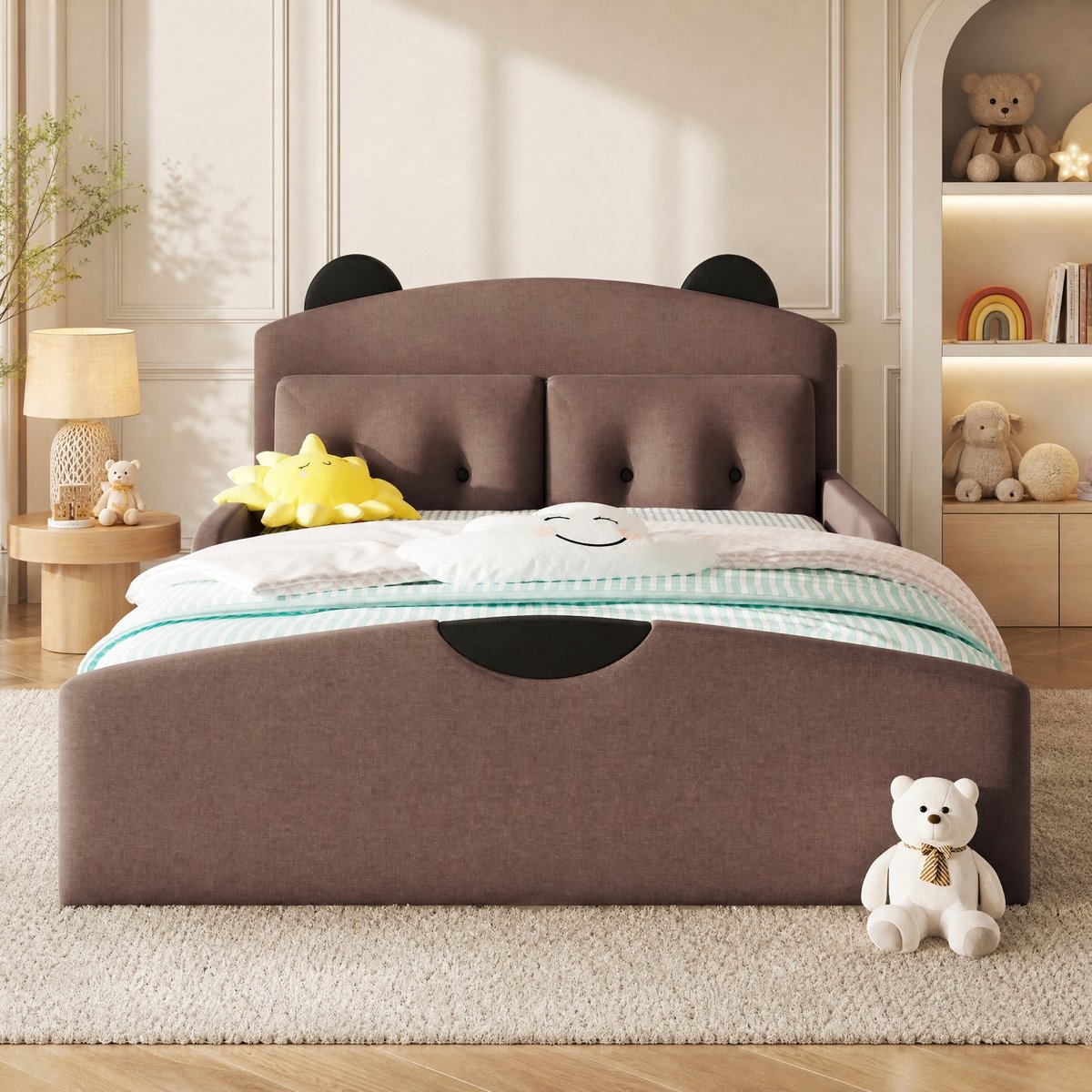 REDOM - Bed - Gepolsterd hoofdbord in berenvorm - Inclusief 2 sierkussens - Lattenbodem - Kinderkamer - MDF en stof - Koffie - 210 x 146 x 87 cm
